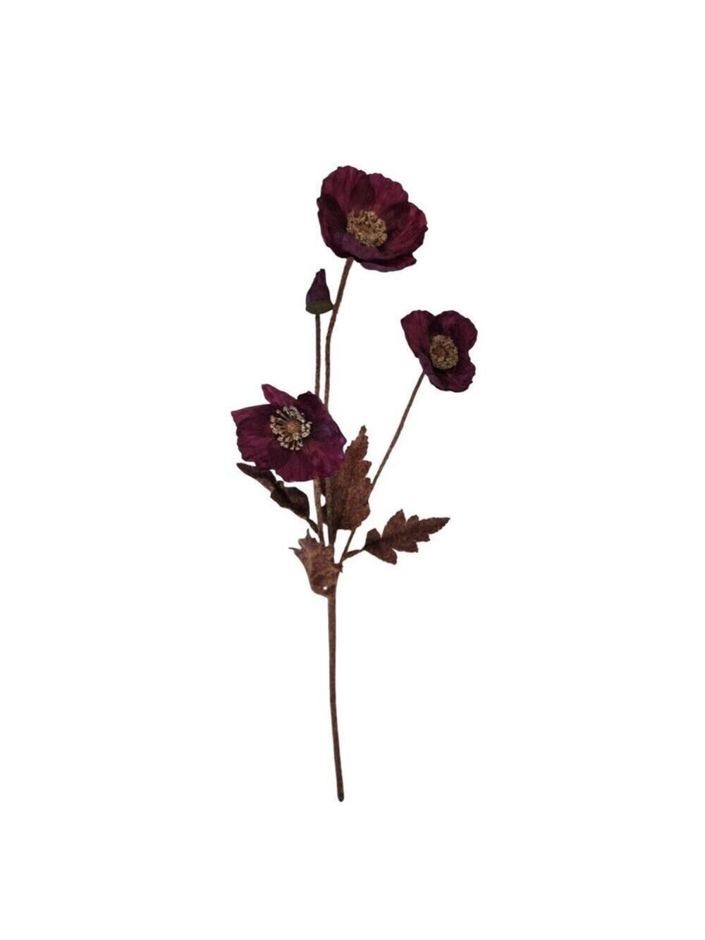 Artificial Dark Purple Poppy Stem | Faux Poppy Flower with 4 Blooms | Moody